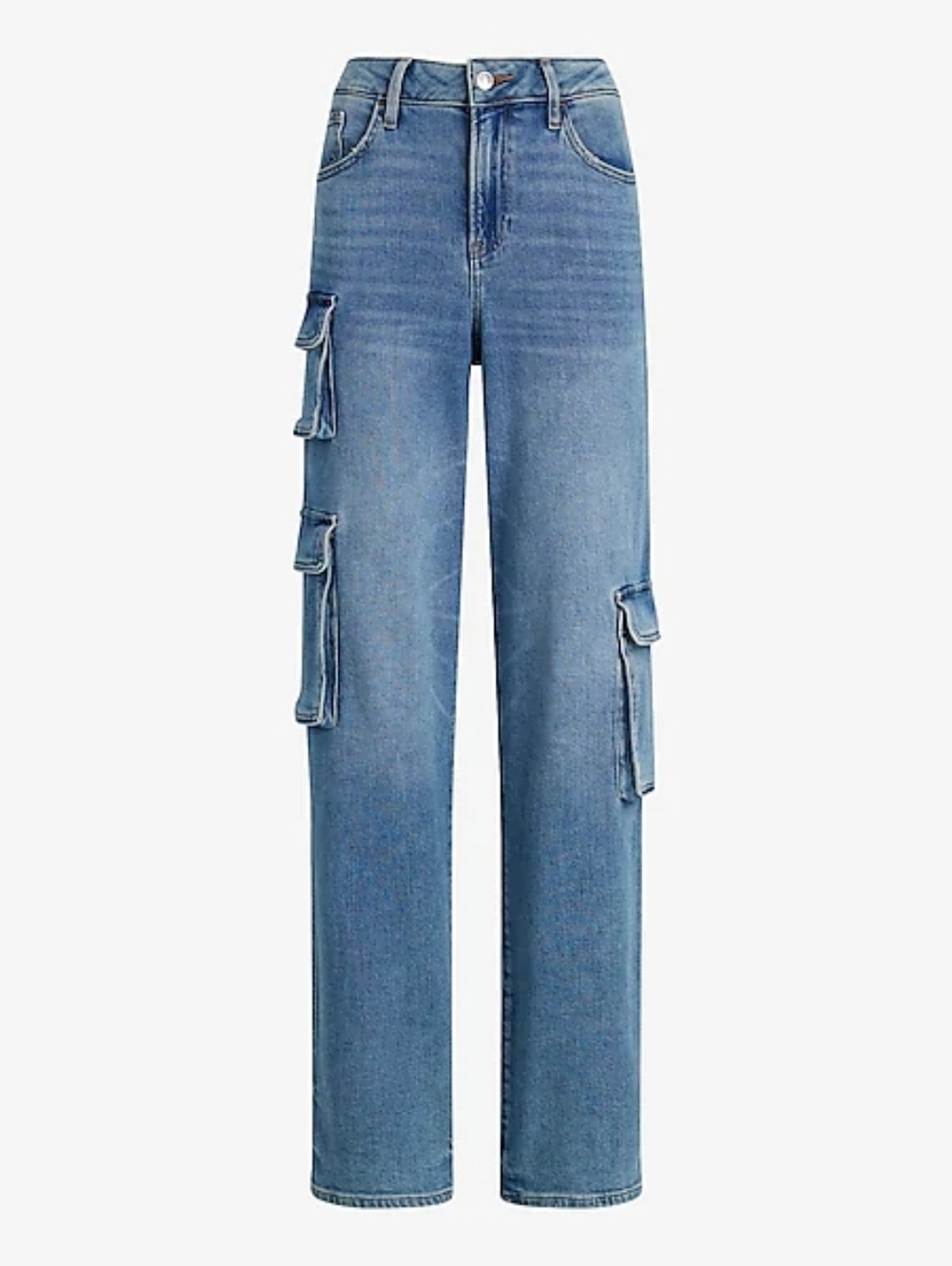 Express High Waisted Medium Wash Relaxed Straight Cargo Jeans - Size 2 Long